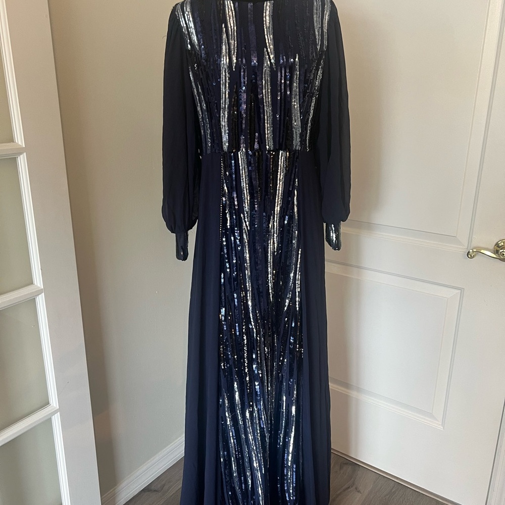 Midnight Blue Sequin Long Sleeve Gown